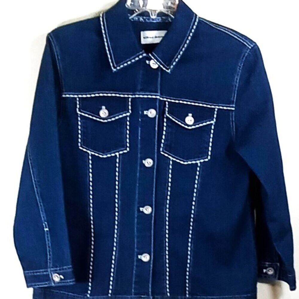 Alfred Dunner Womens Denim Jacket Size 10 Blue Stretch Contrast Stitch Button Up